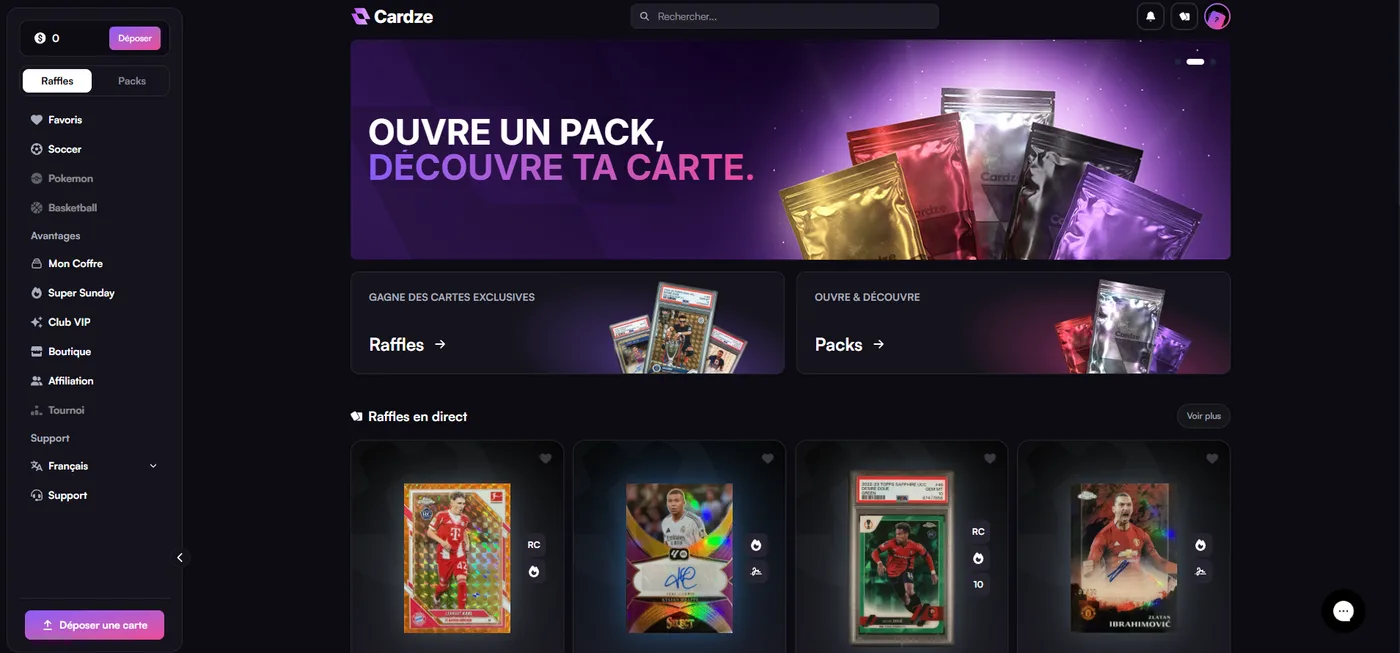 Page d'accueil de la plateforme Cardze : ouverture de packs et raffles de cartes en direct