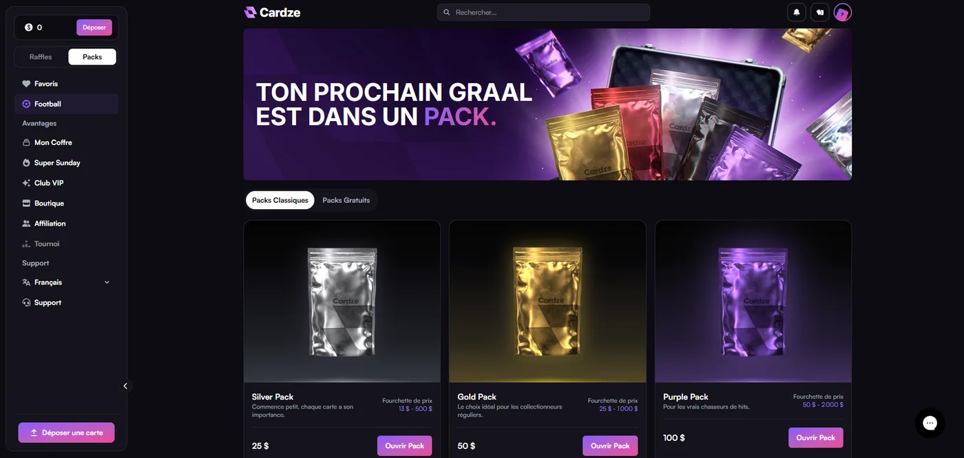 Les différents packs Cardze : Silver, Gold, Purple et Ruby