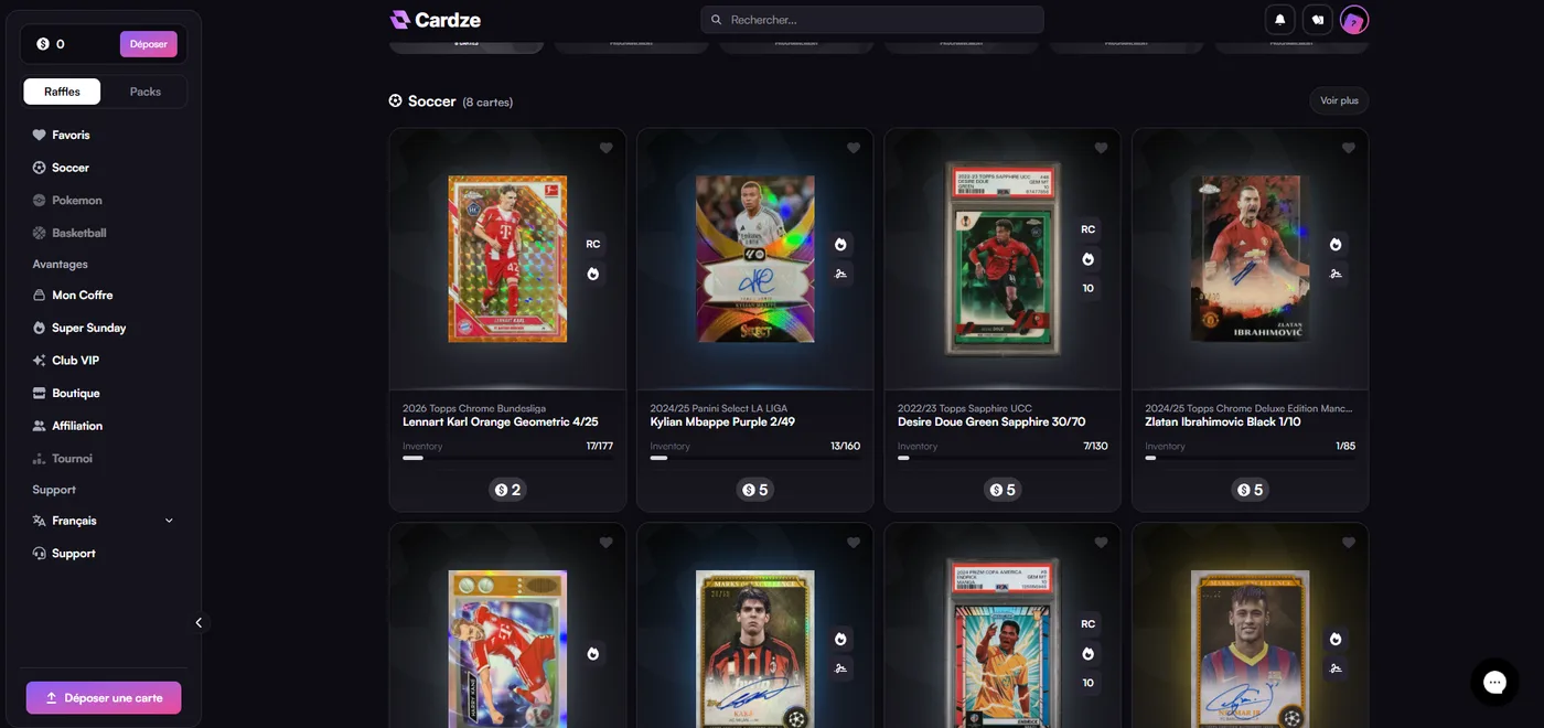 Raffles Cardze : grille de cartes de football à collectionner à gagner ticket par ticket