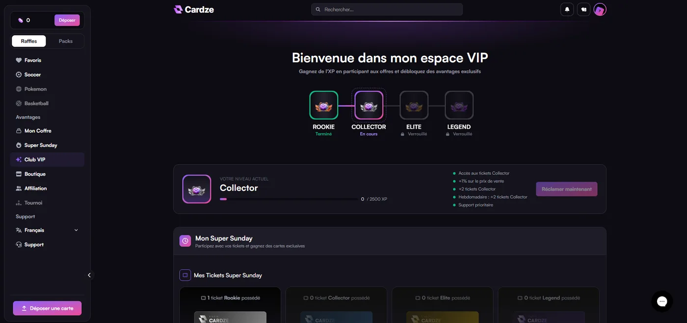 Espace VIP Cardze : rangs Rookie, Collector, Elite et Legend